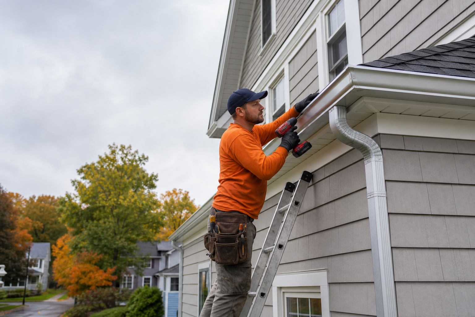 Gutter installer fitting a seamless aluminum gutter on a Western New York home